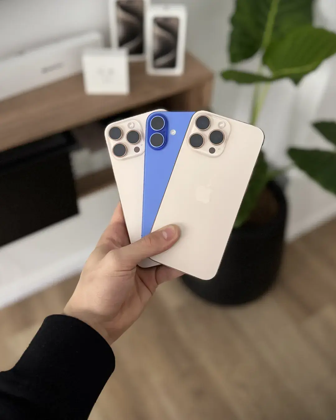 Tres iPhone fuera de la caja, en la mano